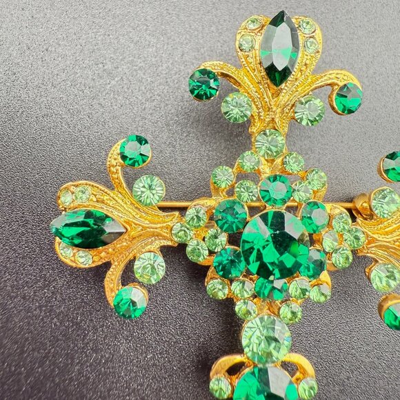 Vintage Gold-Tone Green Rhinestone Cross Brooch - Picture 3 of 6